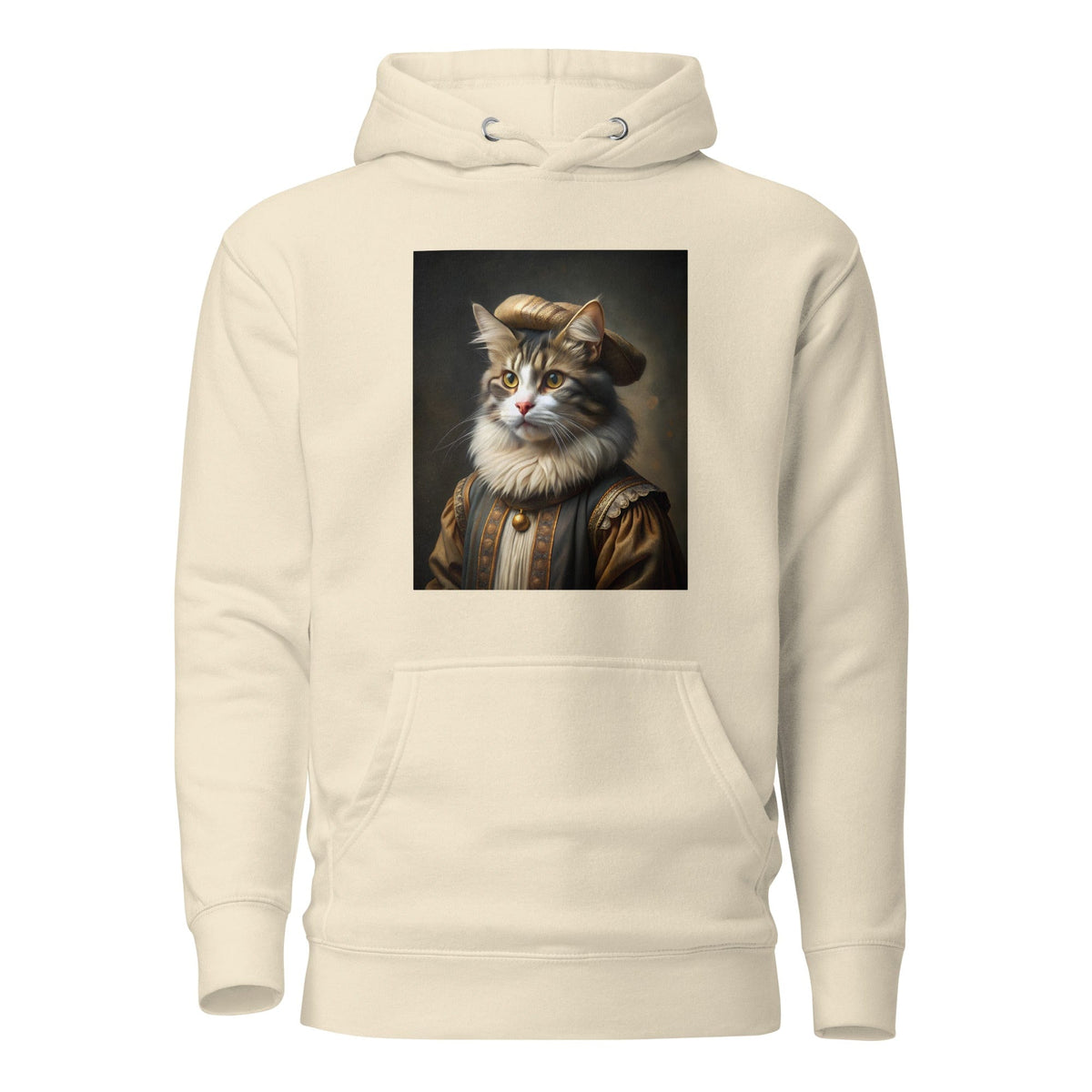 Cream unisex hoodie with square cat portrait print on the front