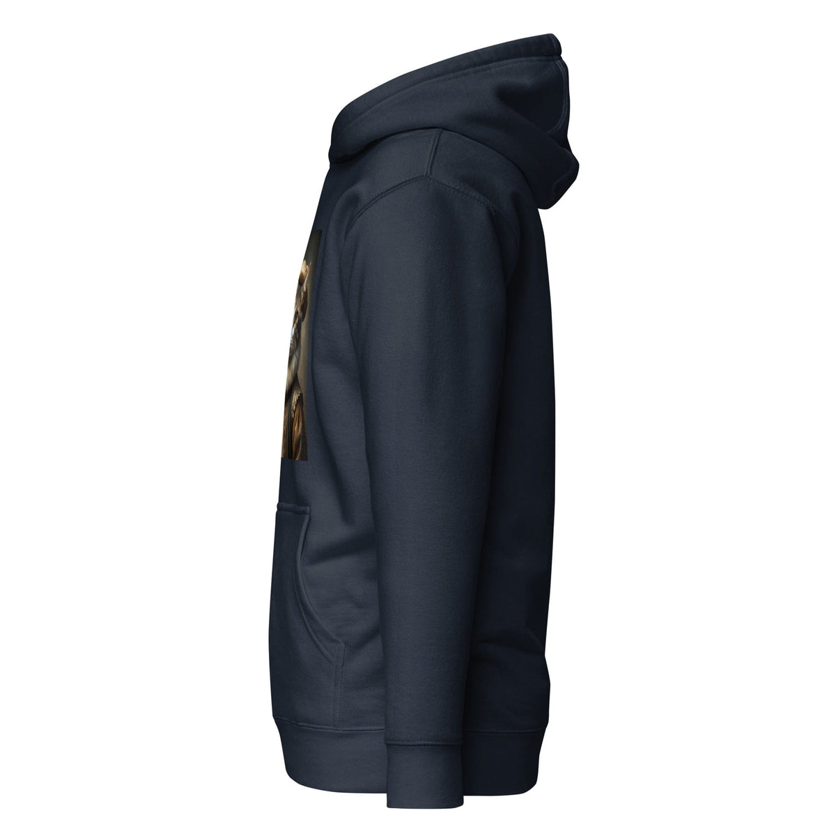 Unisex dark navy hoodie, side view with hood and kangaroo pocket; cat graphic panel
