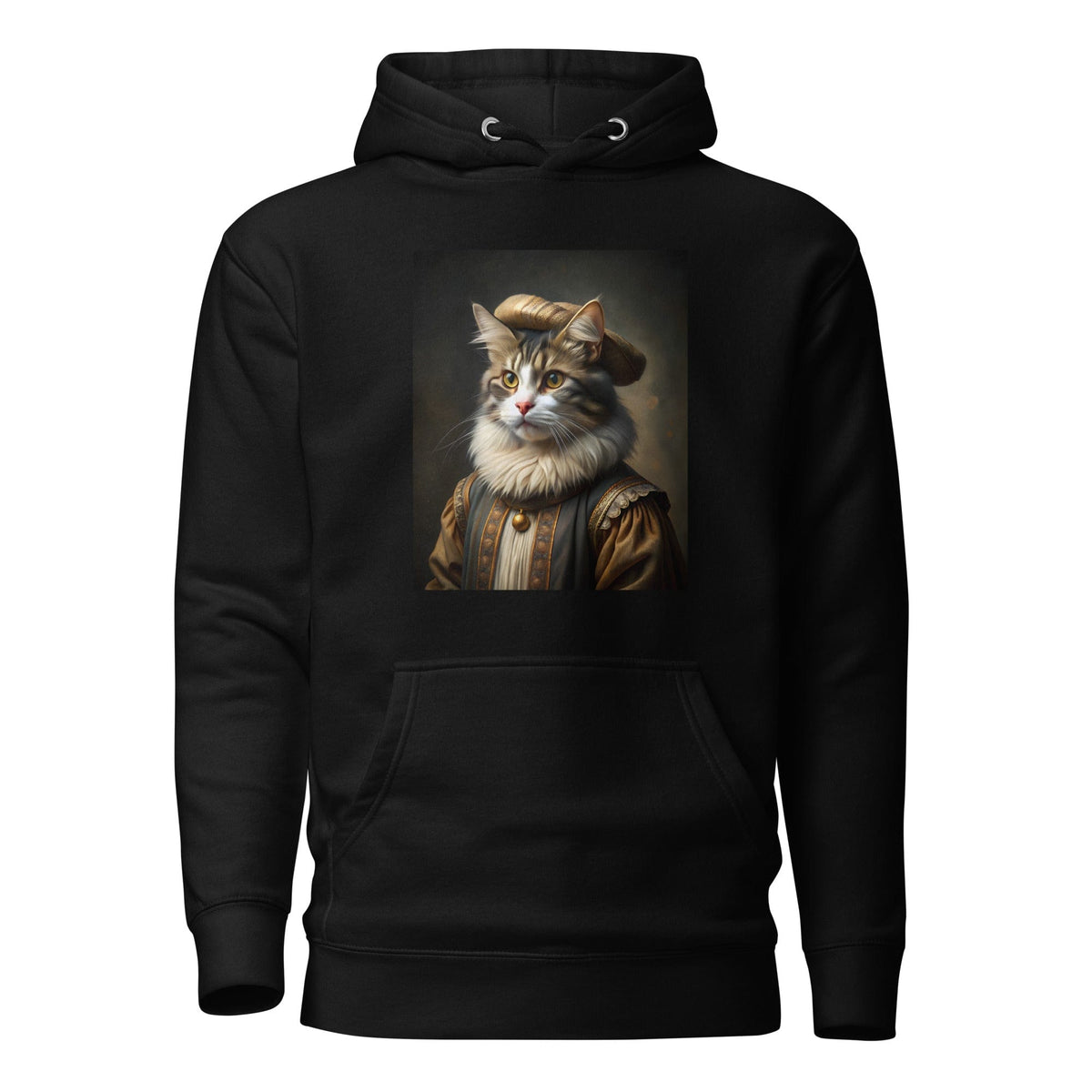 Black unisex hoodie with cat portrait graphic on the front chest and kangaroo pocket