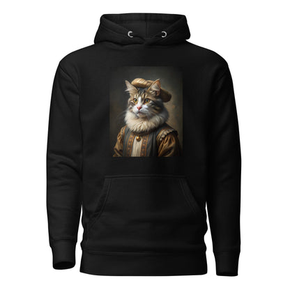 Black unisex hoodie with cat portrait graphic on the front chest and kangaroo pocket