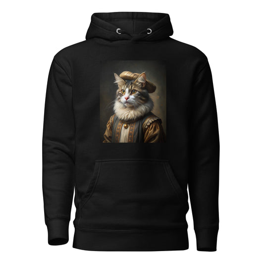 Black unisex hoodie with cat portrait graphic on the front chest and kangaroo pocket
