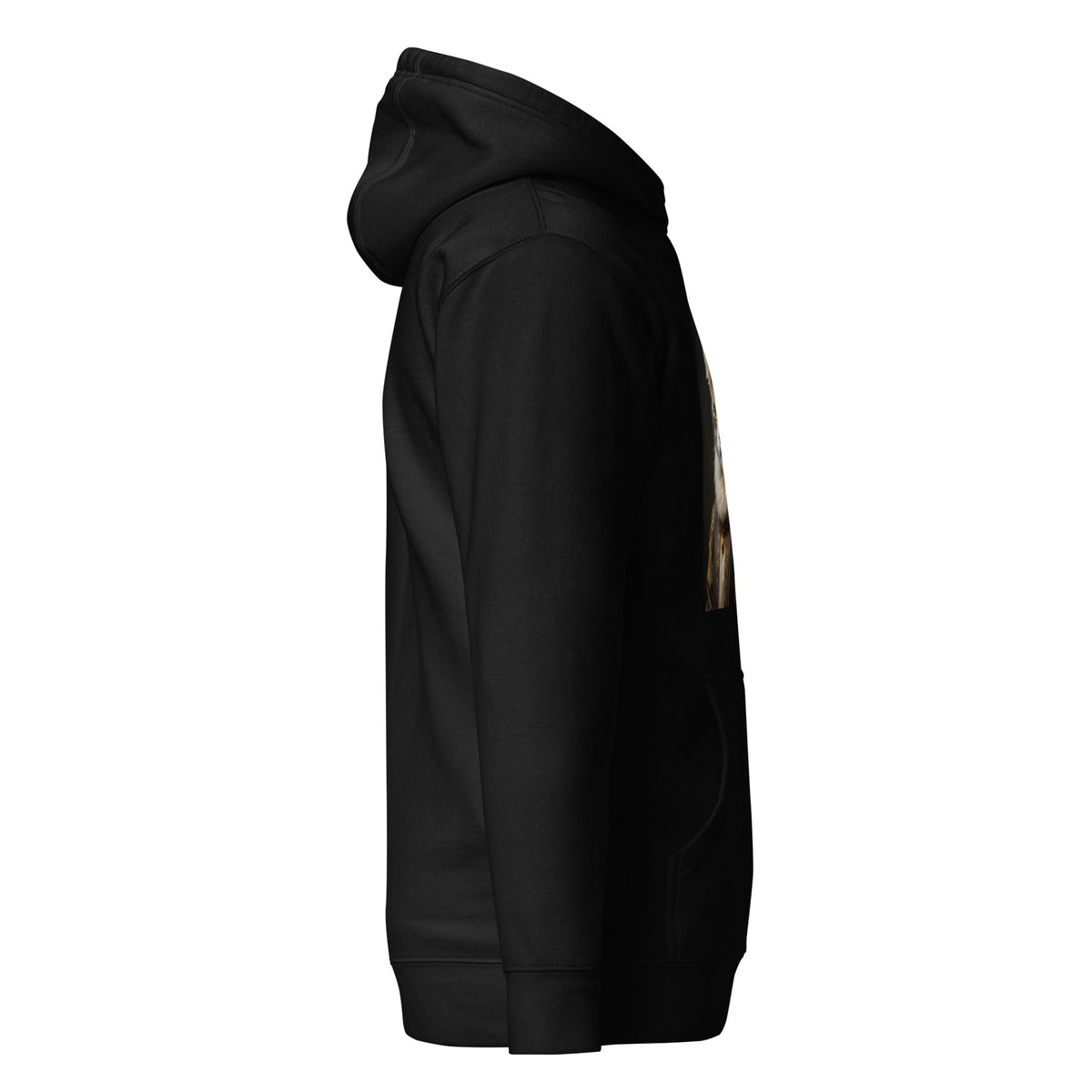 Black unisex hoodie side view with partial cat graphic and long sleeves