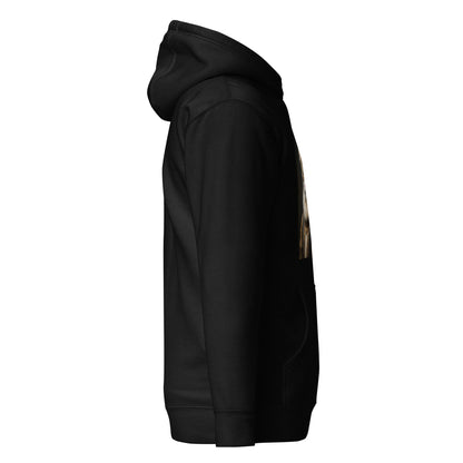 Black unisex hoodie side view with partial cat graphic and long sleeves