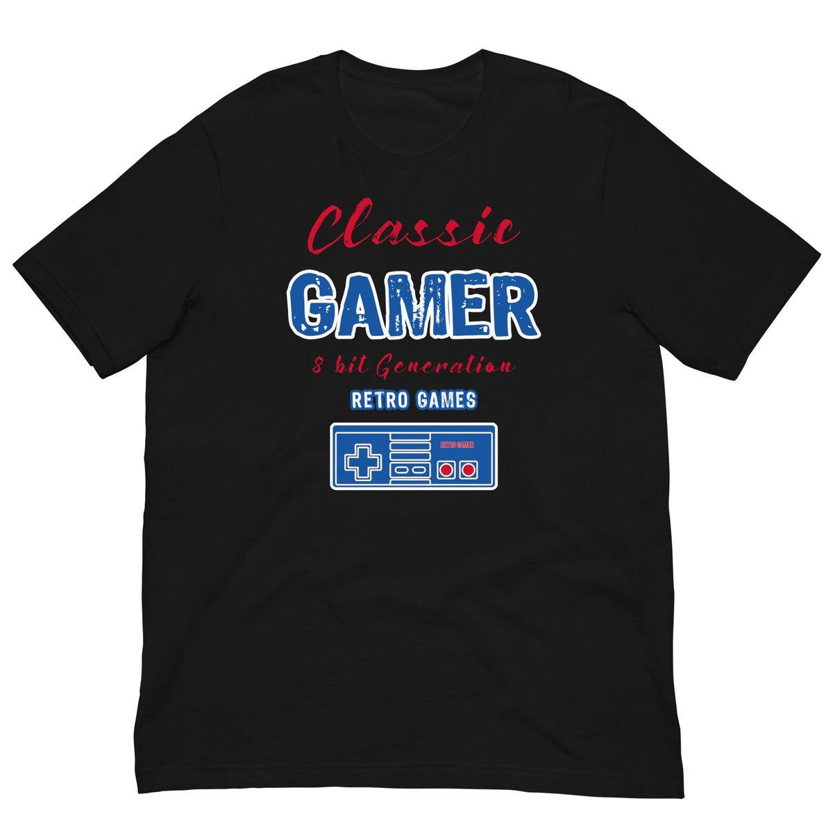 Black T-shirt with retro “Classic Gamer” graphic and game controller icon on front