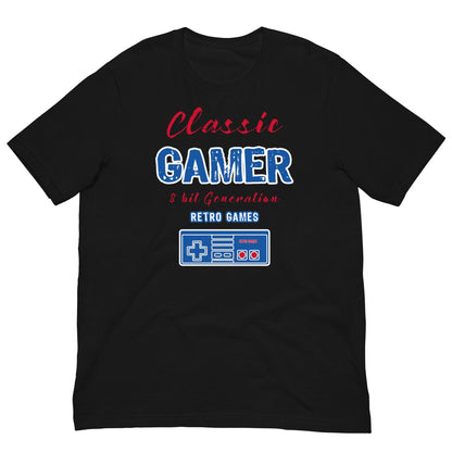 Black T-shirt with retro “Classic Gamer” graphic and game controller icon on front
