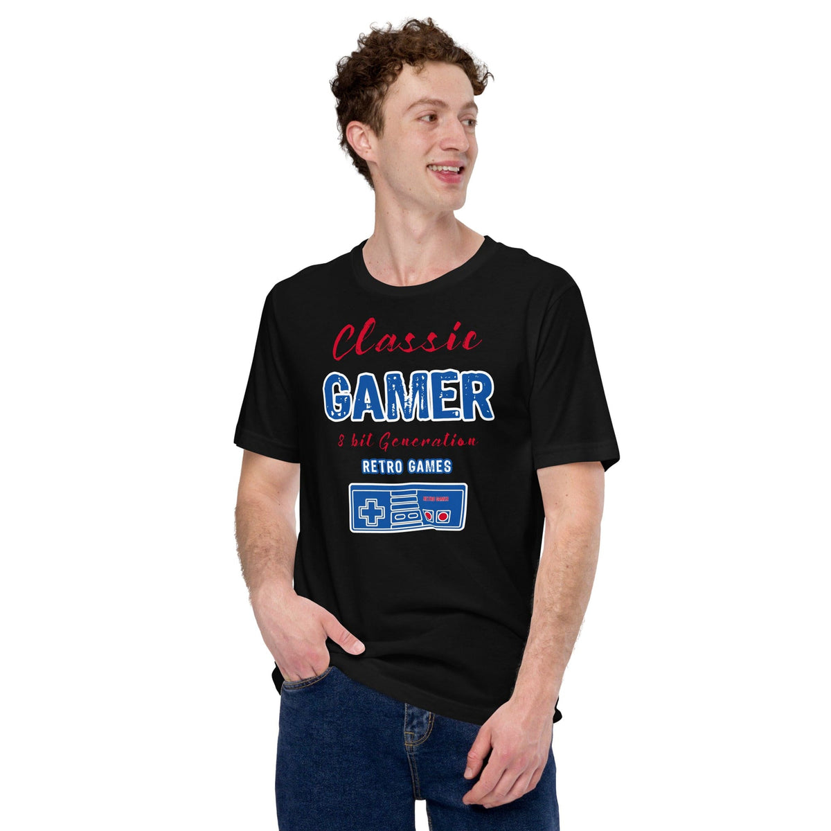 Black T-shirt with “Classic Gamer” retro game graphic and controller icon on front