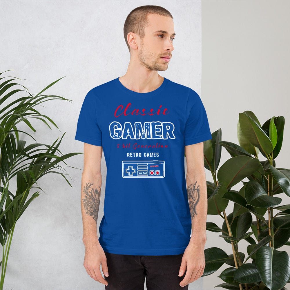 Royal blue T-shirt with “Classic Gamer” retro game graphic and controller icon on front