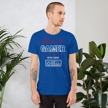Royal blue T-shirt with “Classic Gamer” retro game graphic and controller icon on front
