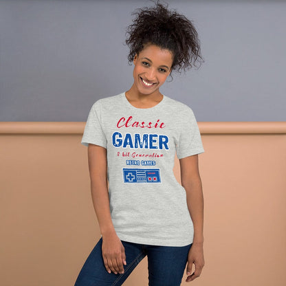 Light gray T-shirt with “Classic Gamer” retro game graphic and controller icon on front