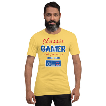 Yellow T-shirt with “Classic Gamer” retro game graphic and controller icon on front