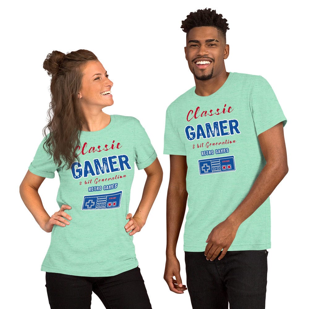 Mint green T-shirt with “Classic Gamer” retro game graphic and controller icon on front