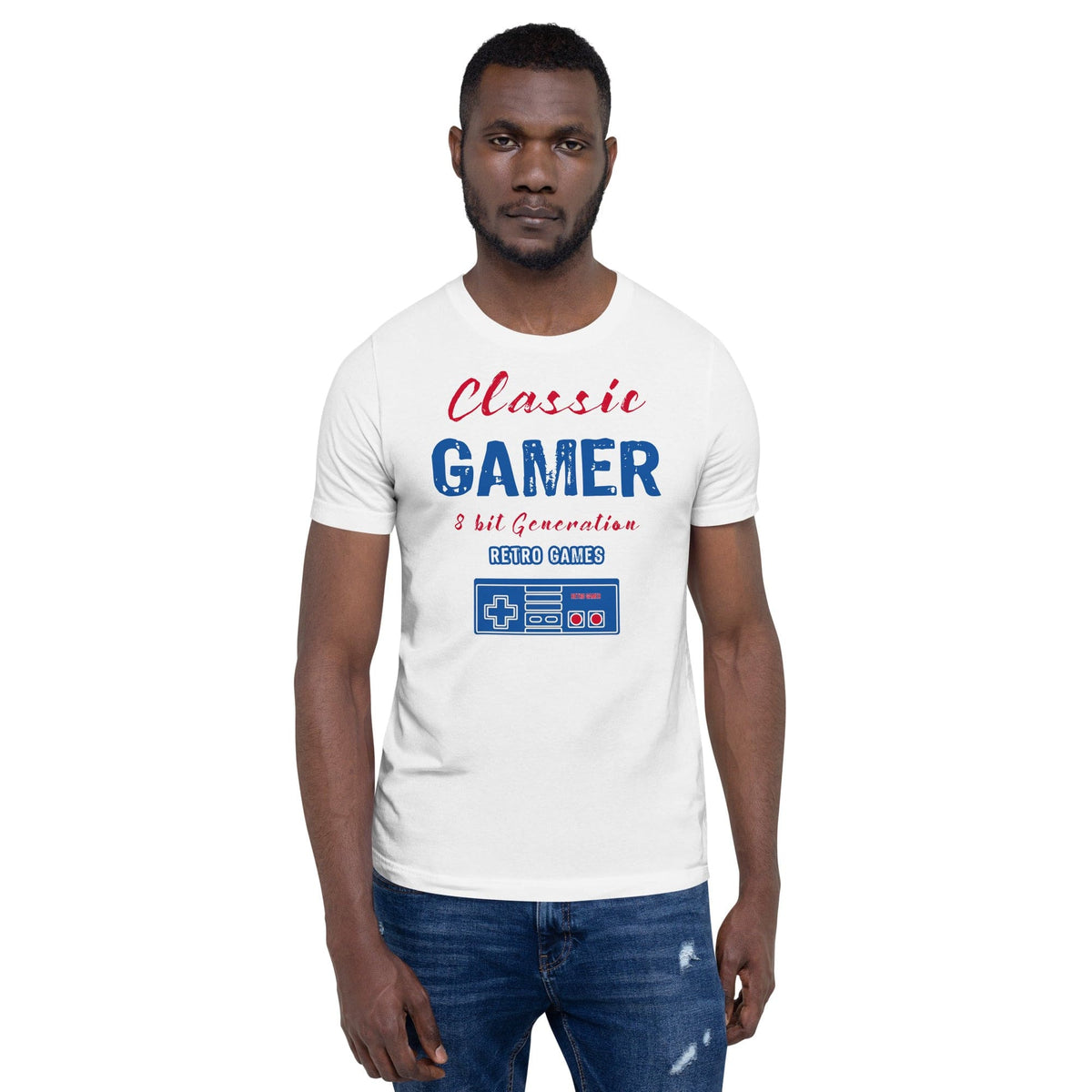 White T-shirt with “Classic Gamer” retro game graphic and controller icon on front