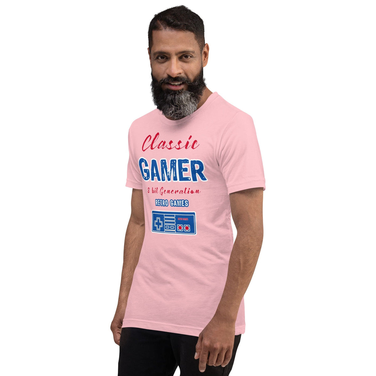 Pink T-shirt with “Classic Gamer” retro game graphic and controller icon on front