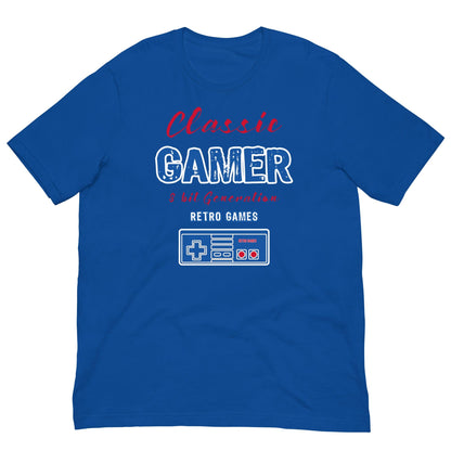 Royal blue T-shirt with “Classic Gamer” retro game graphic and controller icon on front