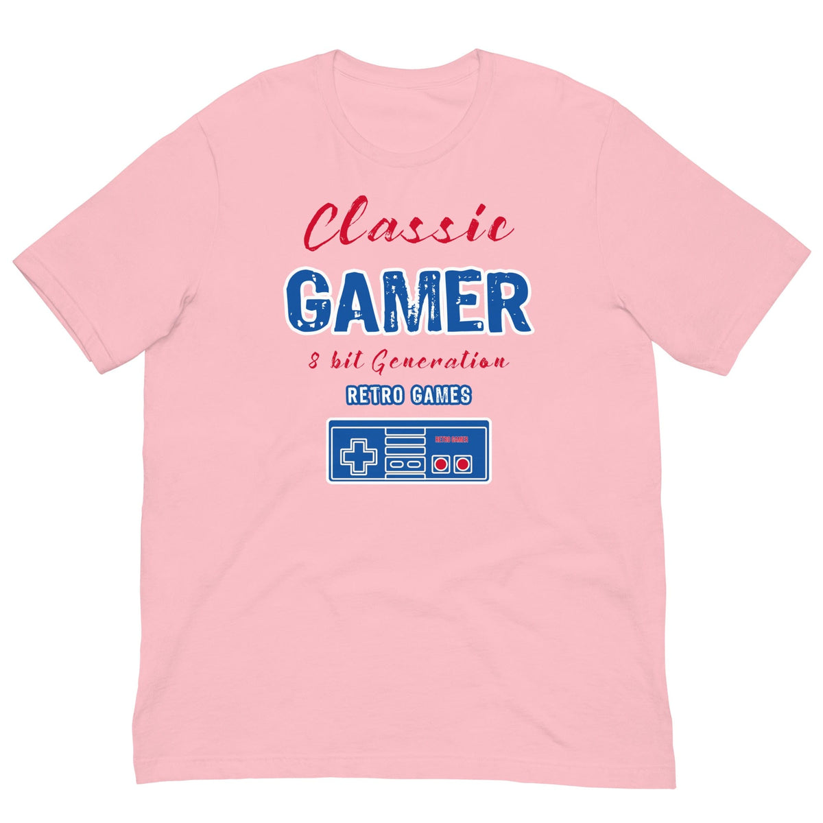 Pink T-shirt with Classic Gamer retro game console graphic