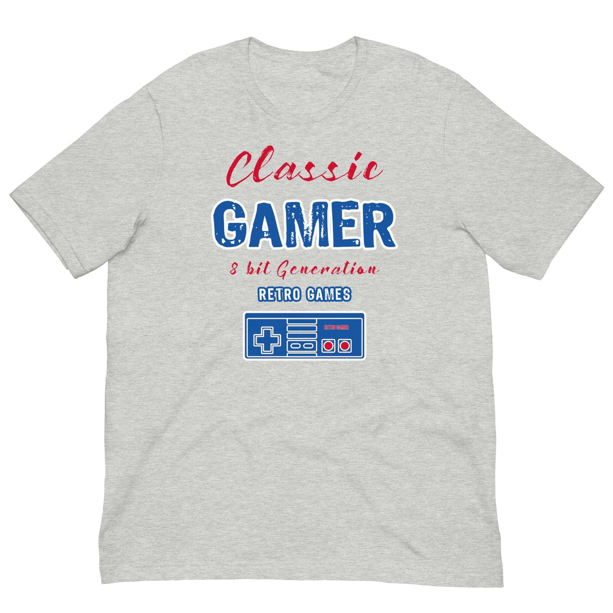 Heather gray T-shirt with Classic Gamer retro game console graphic