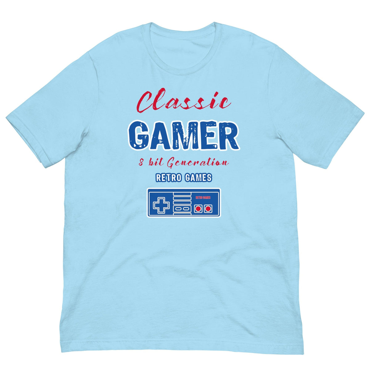 Light blue T-shirt with Classic Gamer retro game console graphic