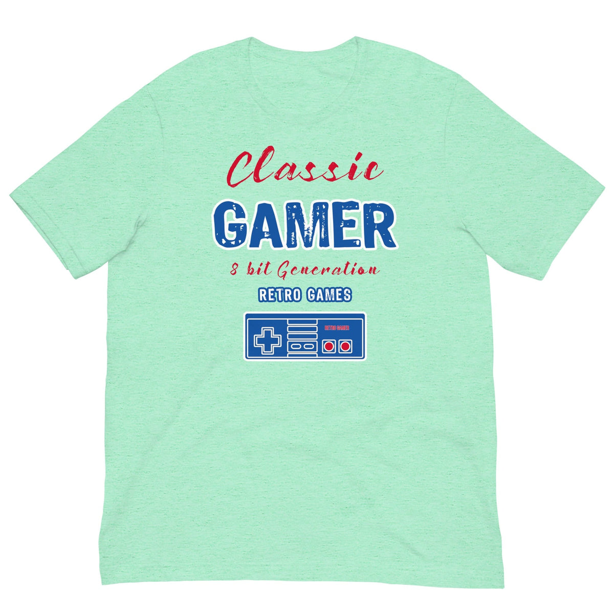 Mint green T-shirt with Classic Gamer retro game console graphic