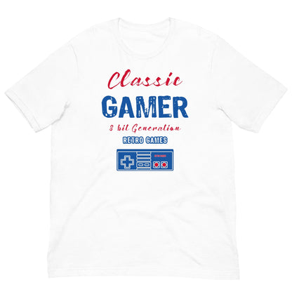 White T-shirt with Classic Gamer retro game console graphic