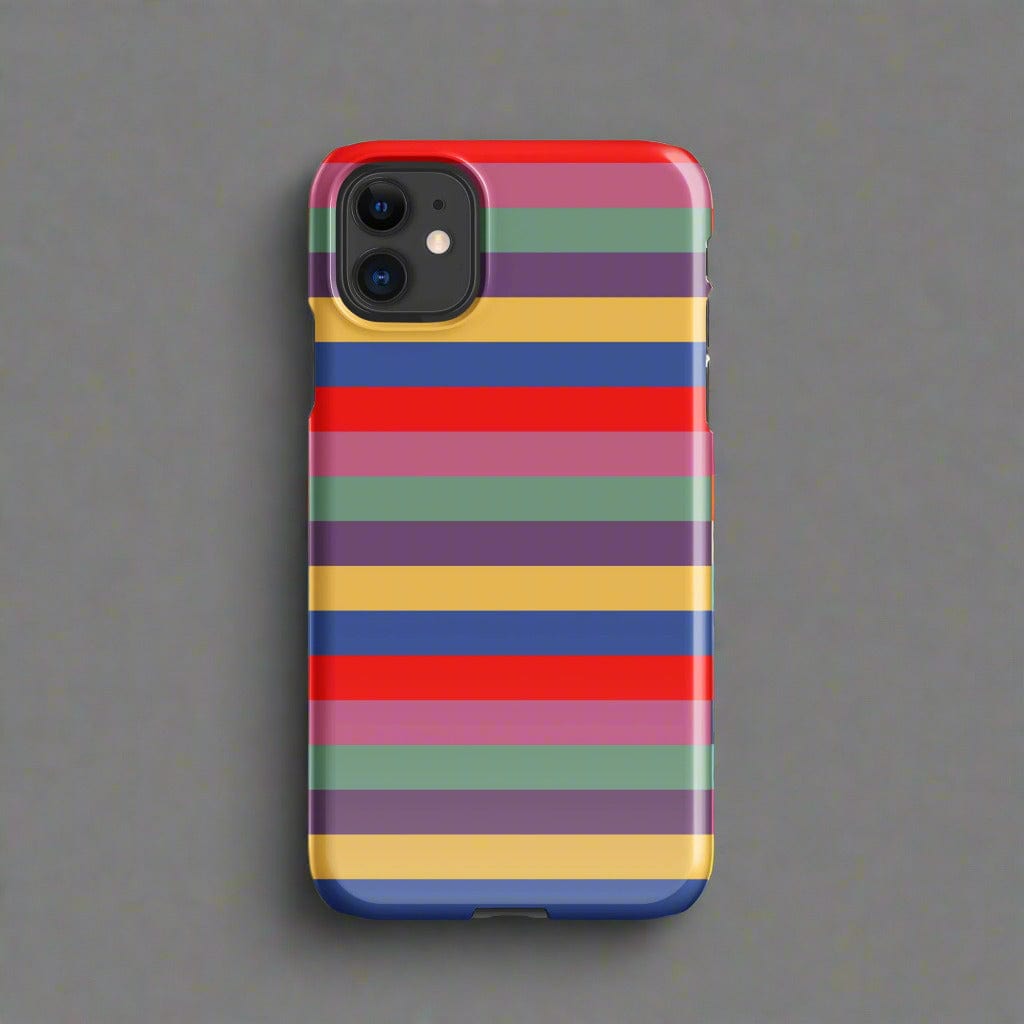 iPhone snap case with colorful horizontal stripes and red top edge