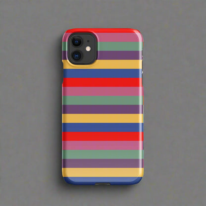 iPhone snap case with colorful horizontal stripes and red top edge
