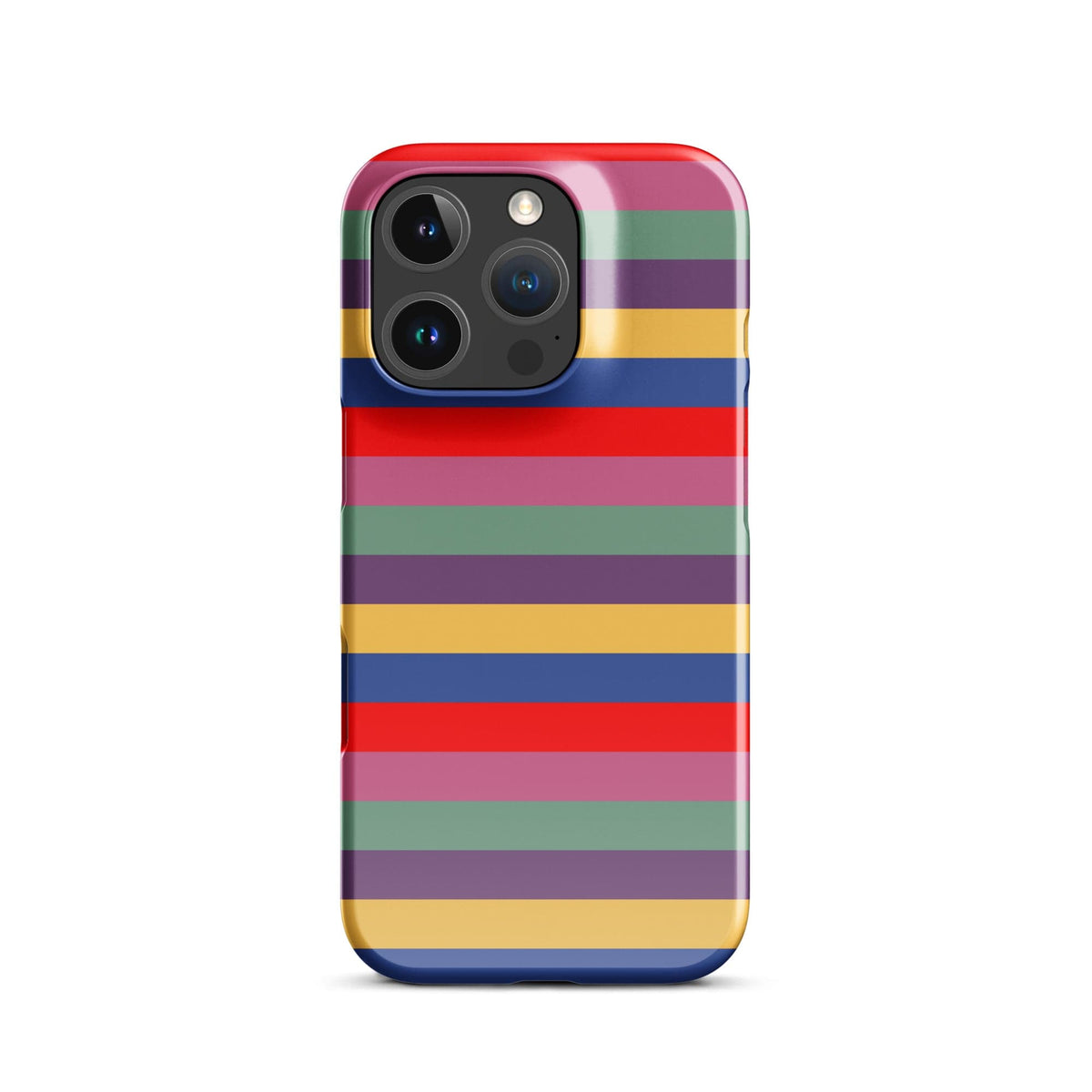 iPhone snap case with vivid horizontal stripes and dual-lens camera cutout
