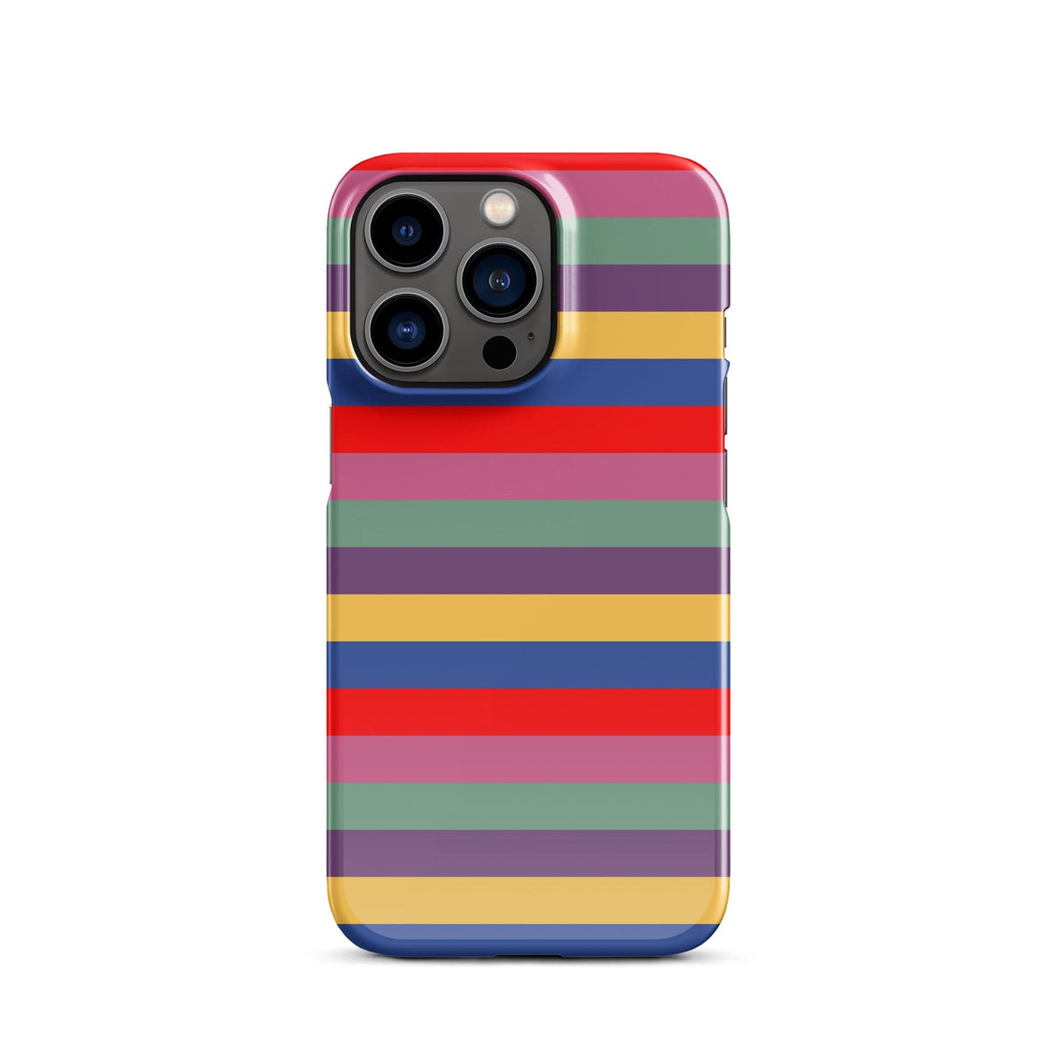 iPhone snap case with retro stripes in red, purple, blue, green, and yellow; triple-lens camera module
