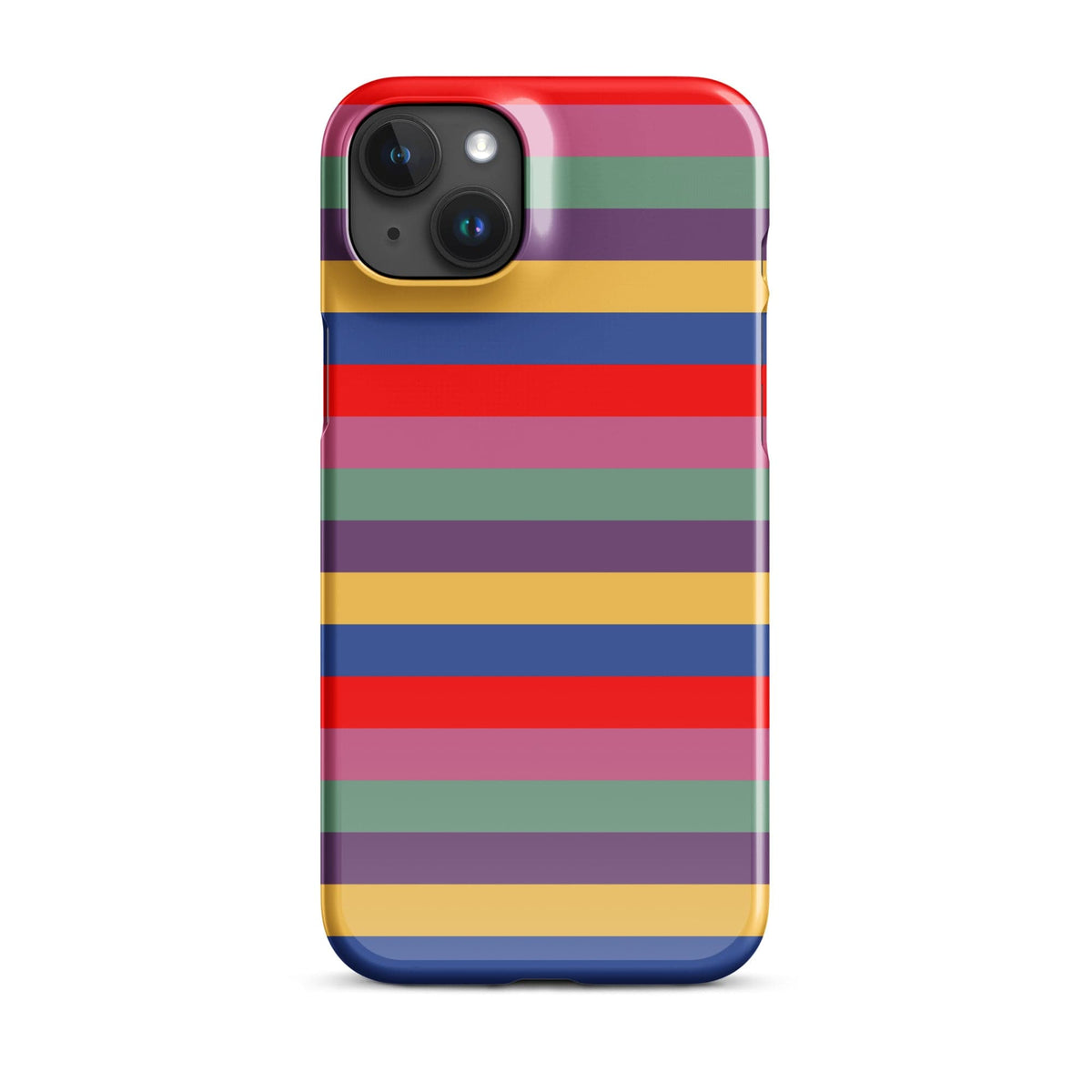 iPhone snap case with bold vintage stripes in purple, red, and blue across back
