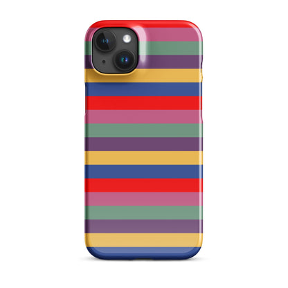 iPhone snap case with bold vintage stripes in purple, red, and blue across back