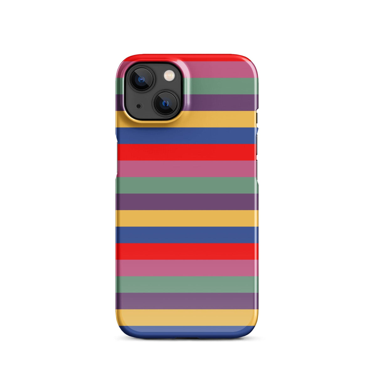 iPhone snap case showing retro horizontal stripes in red, purple, blue, green, and yellow; camera cutout