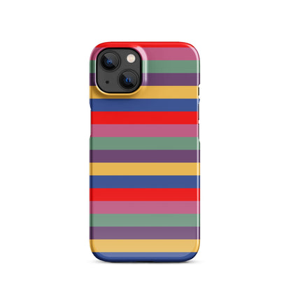 iPhone snap case showing retro horizontal stripes in red, purple, blue, green, and yellow; camera cutout