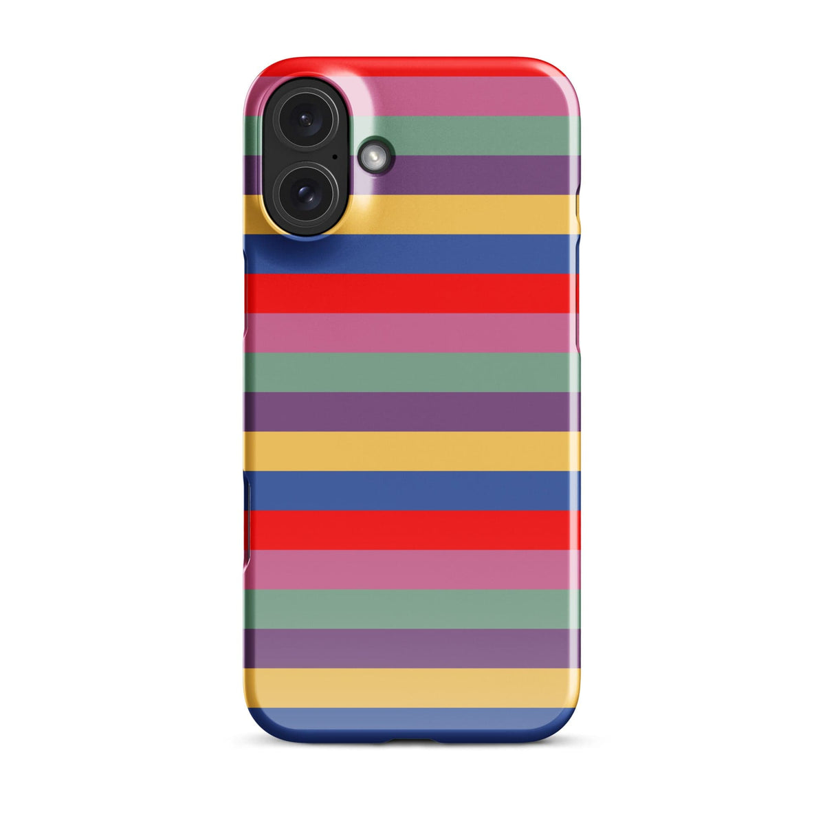 iPhone snap case, multicolor striped back with rounded edges and camera cutout