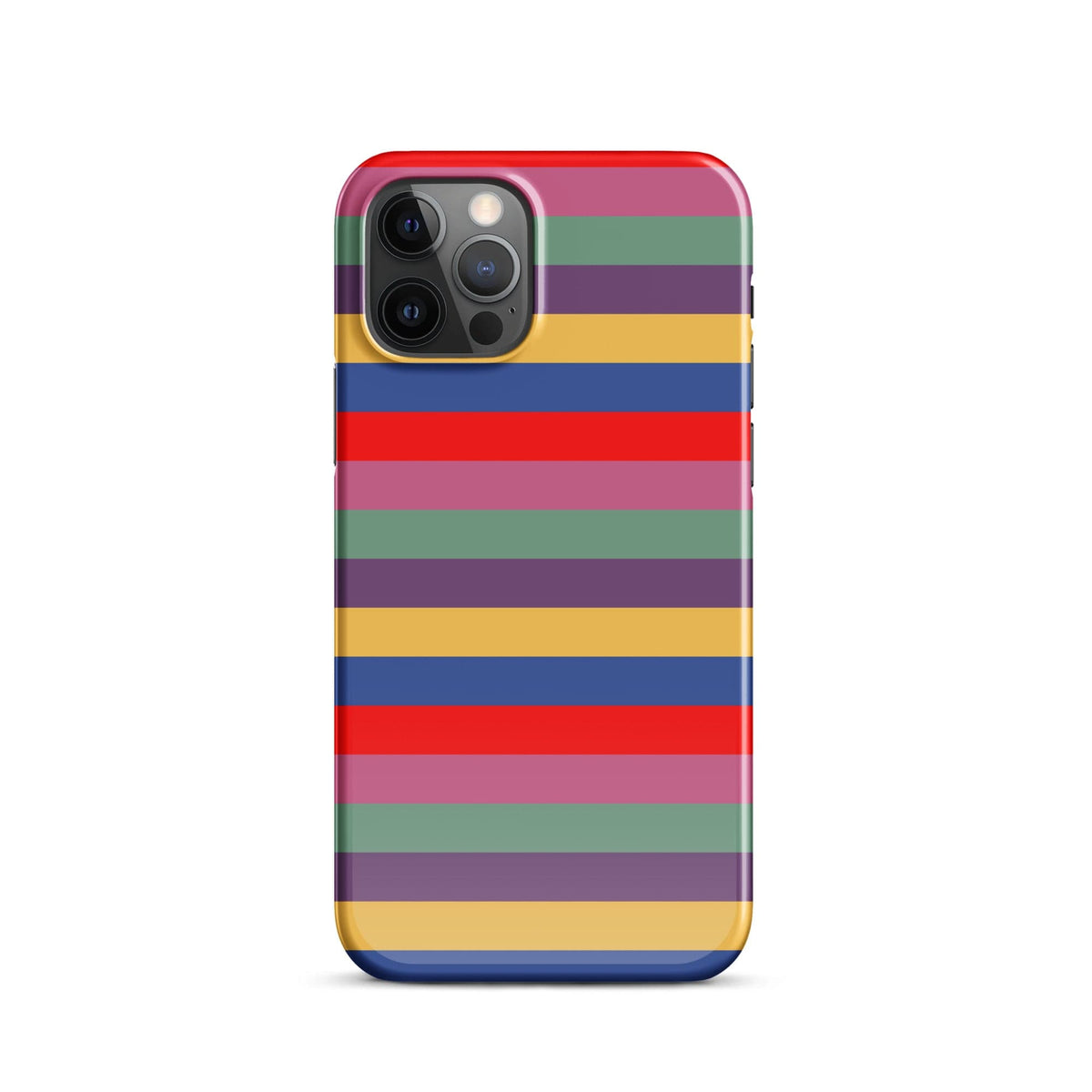 iPhone snap case with bold retro stripes in red, purple, blue, green, and yellow; rounded top edge