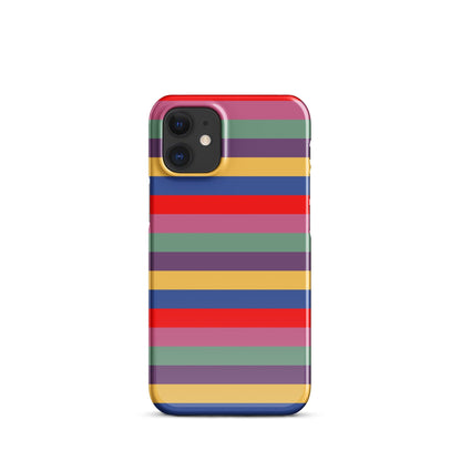 iPhone snap case with retro horizontal stripes in red, purple, blue, green, and yellow; camera cutout