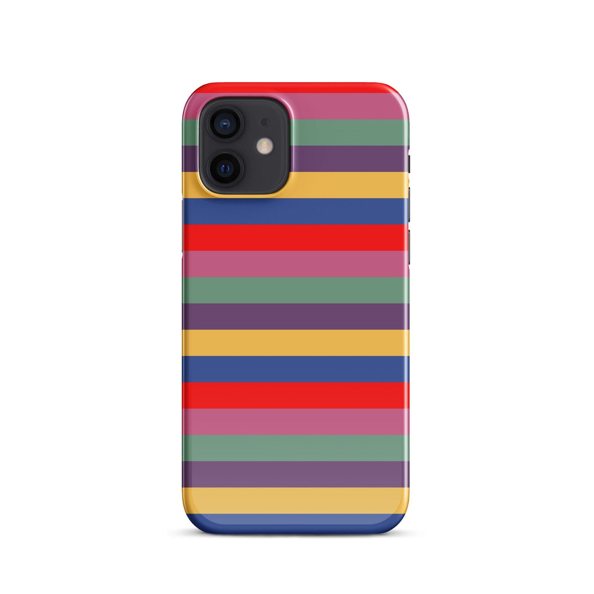 iPhone snap case featuring retro striped pattern in red, purple, blue, green, and yellow; camera cutout