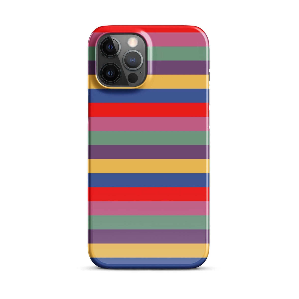 iPhone snap case with retro horizontal stripes in red, purple, blue, green, and yellow; camera module