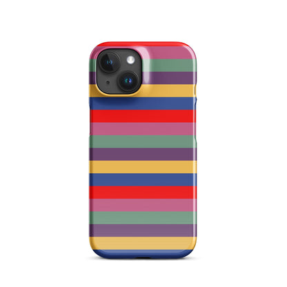 iPhone snap case showing multicolor horizontal stripes and centered camera module