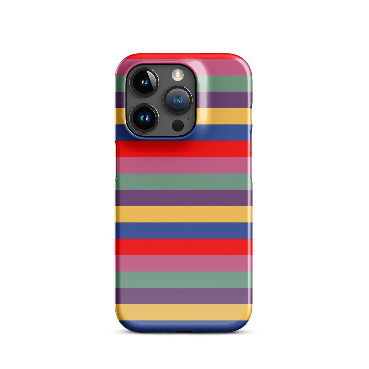 iPhone snap case with retro rainbow stripes and glossy red protective edge