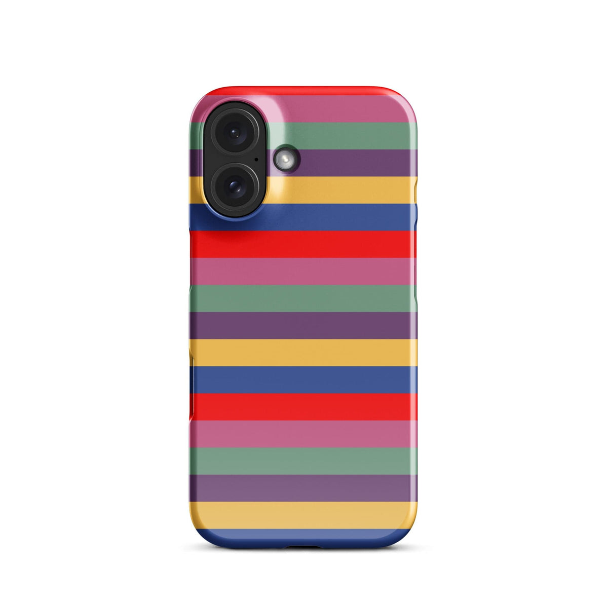 iPhone snap case front view angle with horizontal retro stripes and camera openings