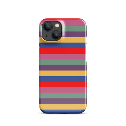 iPhone snap case with retro striped pattern in red, purple, blue, green, and yellow; camera cutout