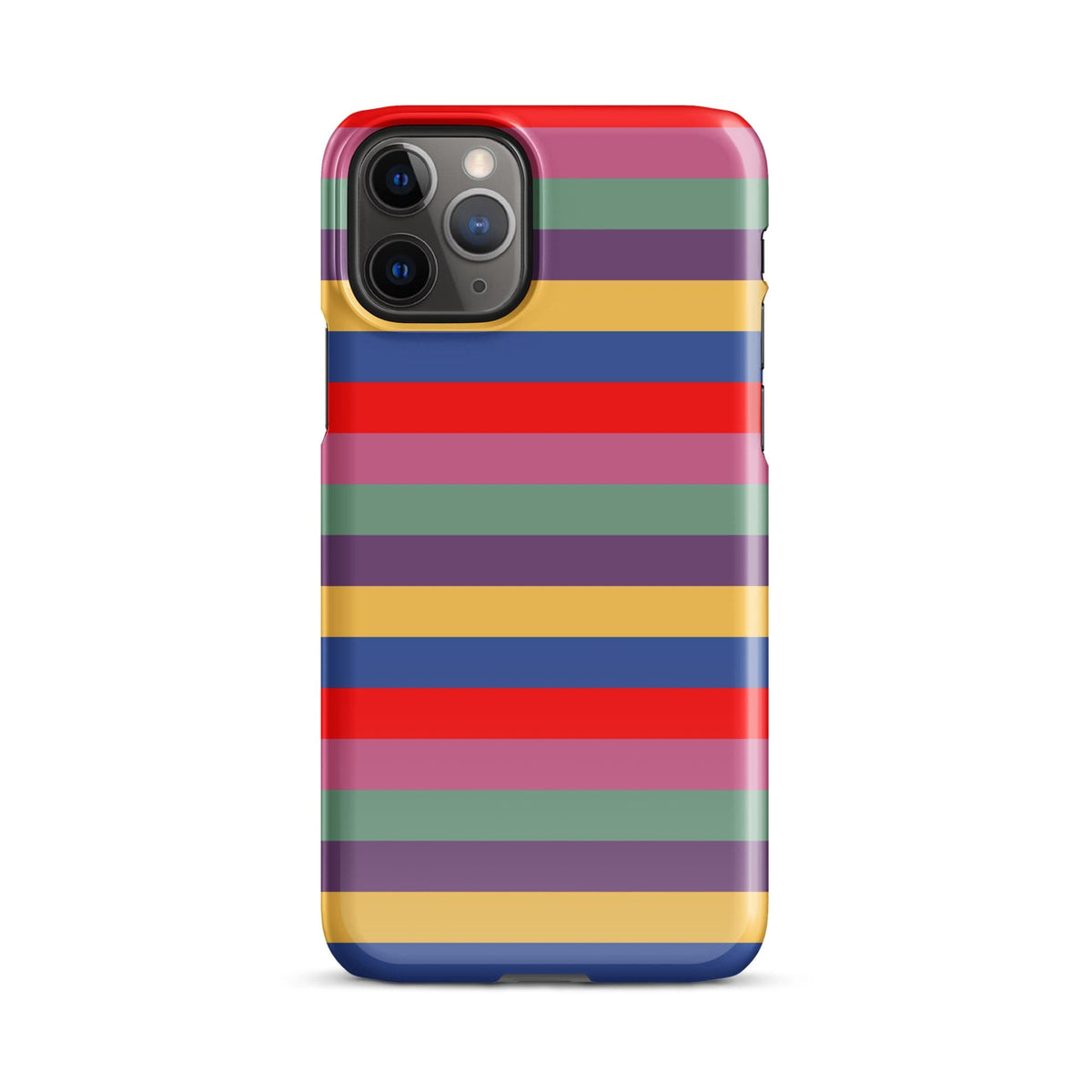 iPhone snap case front view with multicolor horizontal stripes and camera cutouts