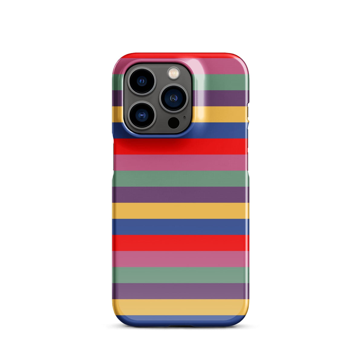 iPhone snap case with retro horizontal stripes in purple, green, red, and blue