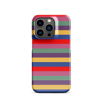 iPhone snap case with retro horizontal stripes in purple, green, red, and blue