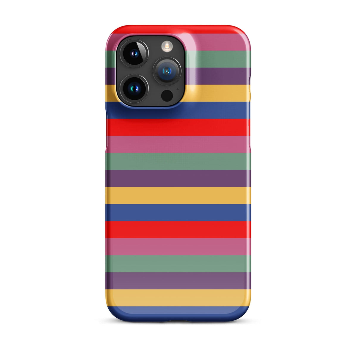 iPhone snap case back featuring colorful horizontal bands with lens cutouts