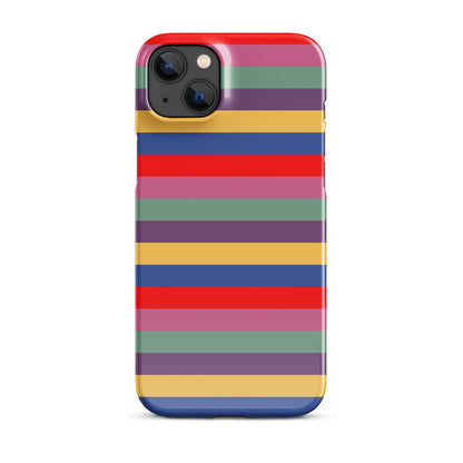 iPhone snap case with bold retro horizontal stripes in red, purple, blue, green, and yellow; camera module