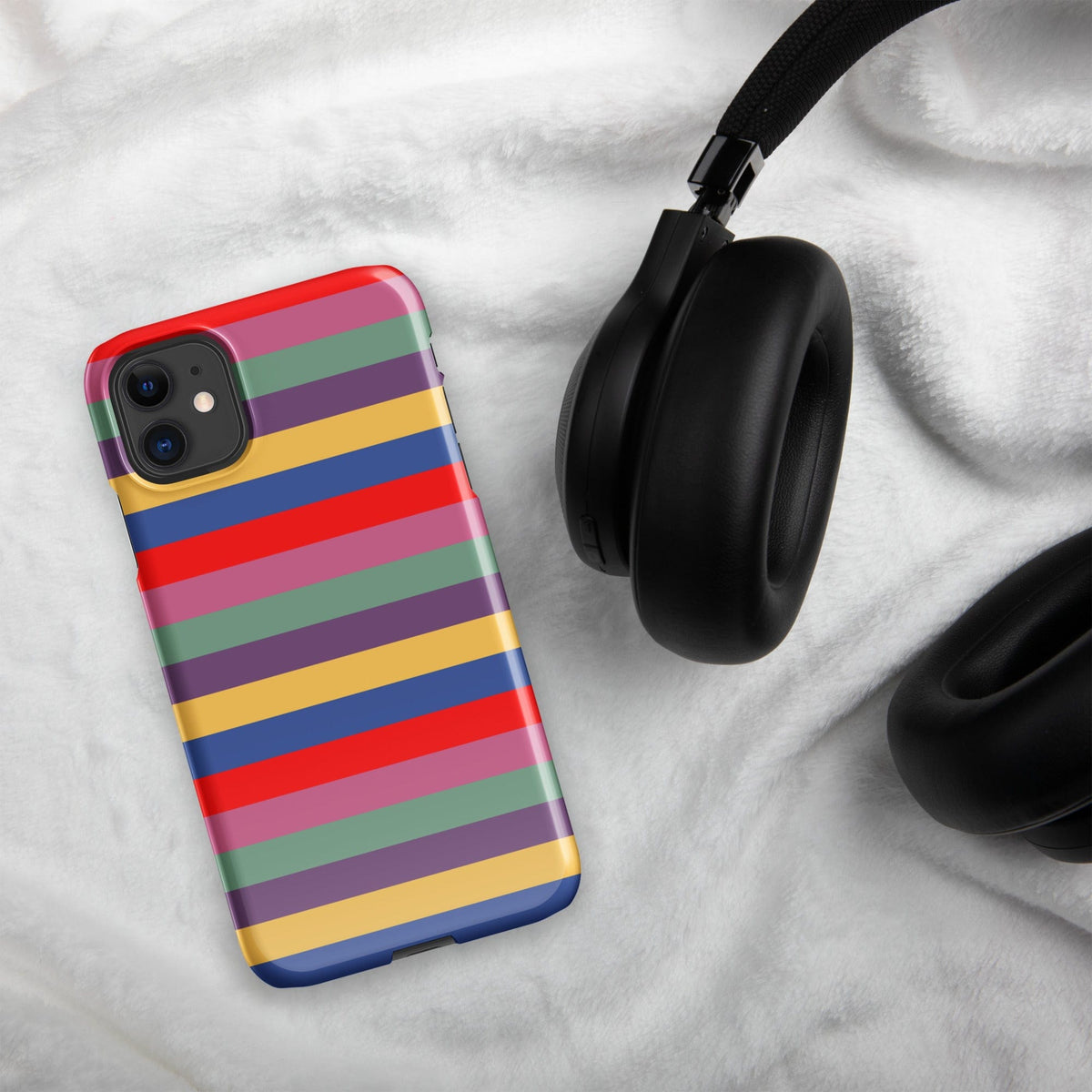 iPhone snap case with pastel multicolor horizontal stripes and blue bottom trim