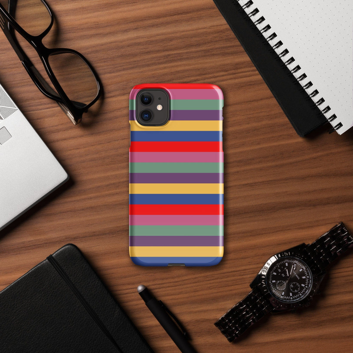 iPhone snap case with wide rainbow-like horizontal stripes and blue accent trim
