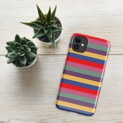 iPhone snap case with horizontal stripes in purple, red, yellow, and blue