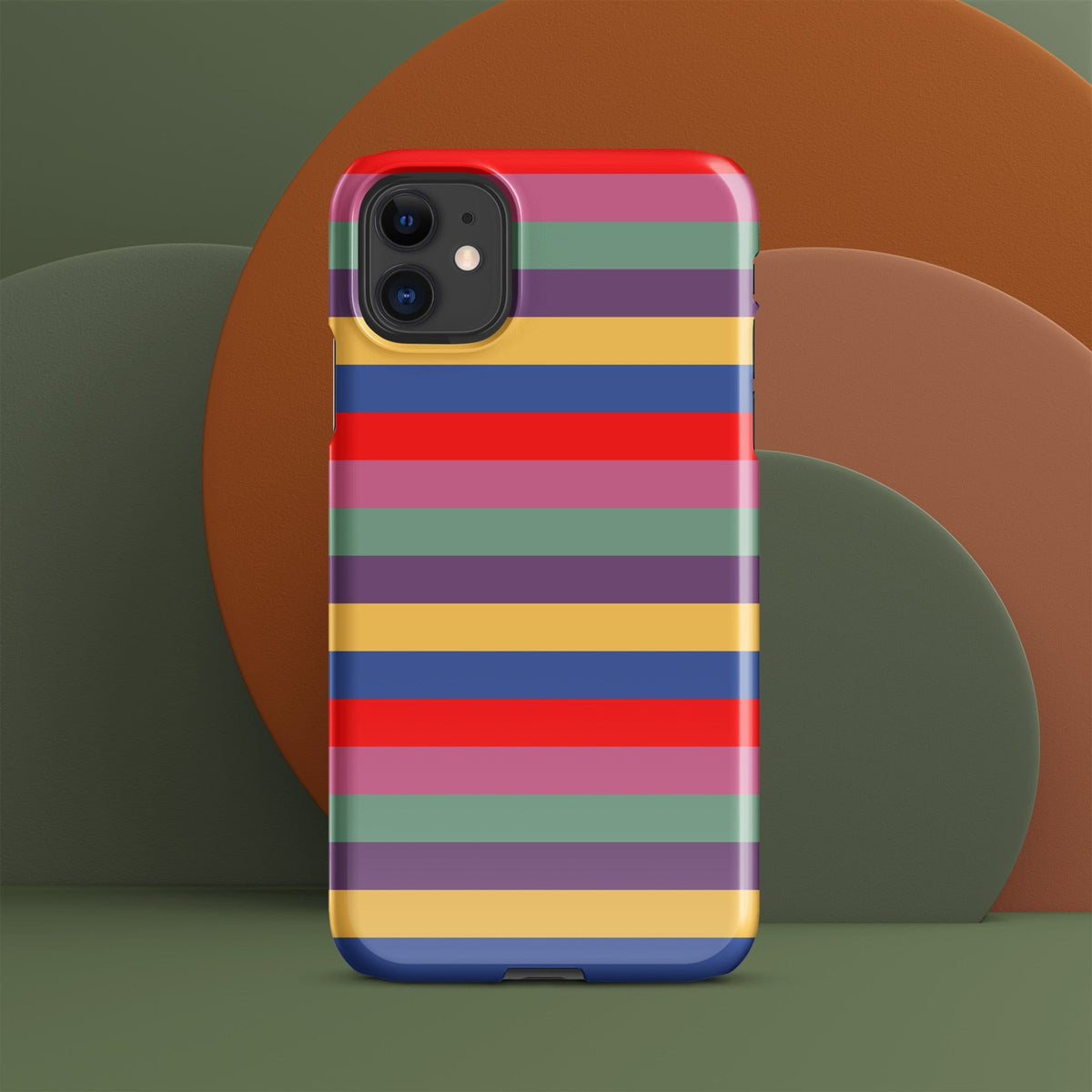 iPhone snap case with colorful horizontal stripes and glossy red border