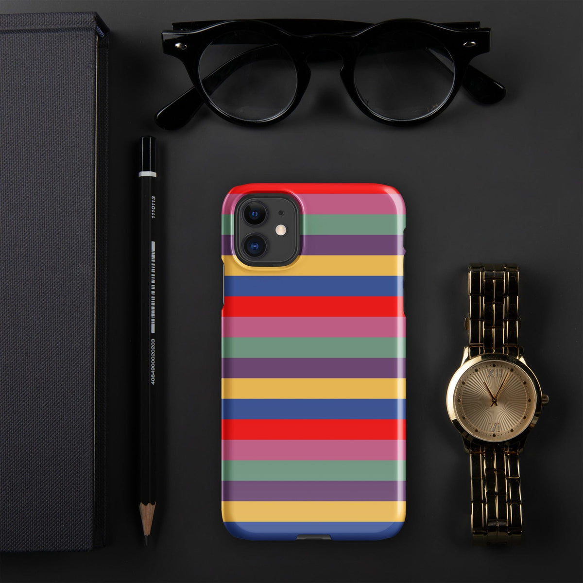 iPhone snap case with multicolor horizontal stripes and raised camera bezels